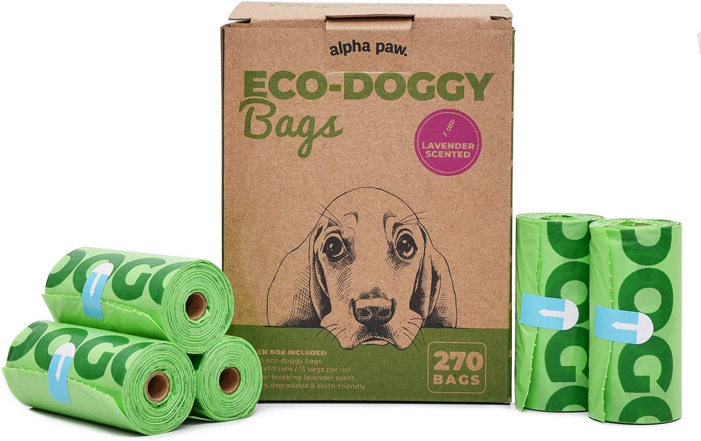 Eco-Doggy Bags(270)- Odor-Blocking, Biodegradable Poop Bags for Dogs - Scented Dog Poop Bags - Lavender-Scented Poop Bags - Compostable Dog Waste Bags