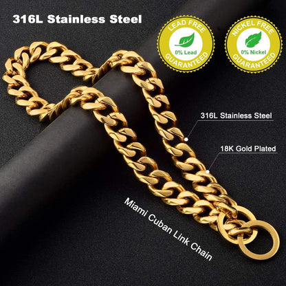 Dog Chain Collar Choke Collar Heavy Duty Chew Proof 19MM 14K Gold Plated Stainless Steel Dog Training Collar(19Mm, 26")