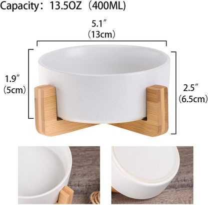 White Ceramic Cat Dog Bowl Dish with Wood Stand No Spill Pet Food Water Feeder Cats Small Dogs