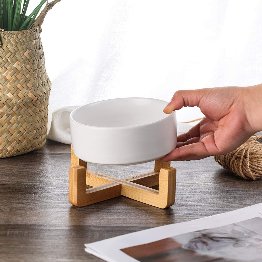 White Ceramic Cat Dog Bowl Dish with Wood Stand No Spill Pet Food Water Feeder Cats Small Dogs