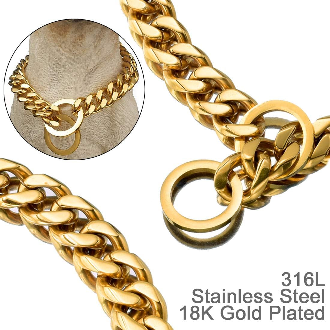 Dog Chain Collar Choke Collar Heavy Duty Chew Proof 19MM 14K Gold Plated Stainless Steel Dog Training Collar(19Mm, 26")