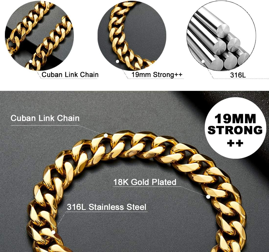 Dog Chain Collar Choke Collar Heavy Duty Chew Proof 19MM 14K Gold Plated Stainless Steel Dog Training Collar(19Mm, 26")