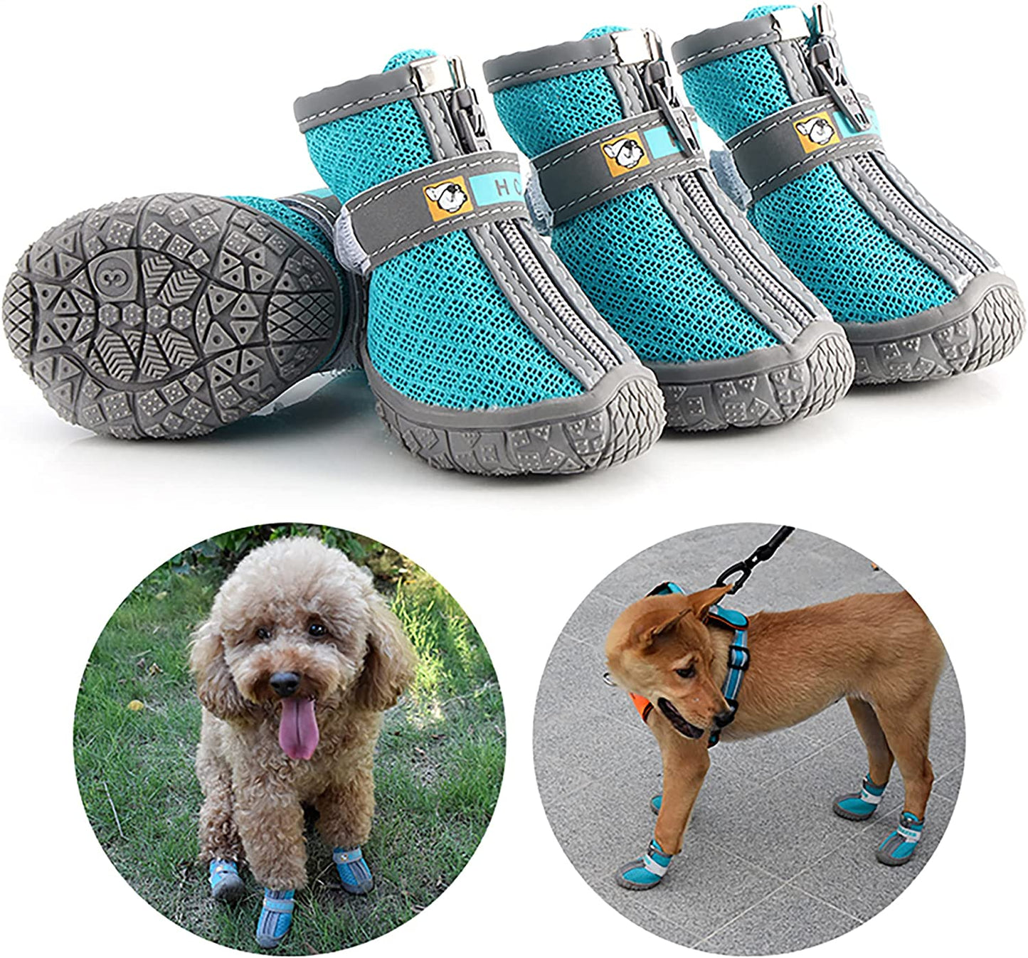 Dog Booties Paw Protector Dog Hiking Boots Breathable Dog Boots with Anti-Slip Rugged Sole for Small Medium Dogs, Blue, Size 4 (Pack of 4)