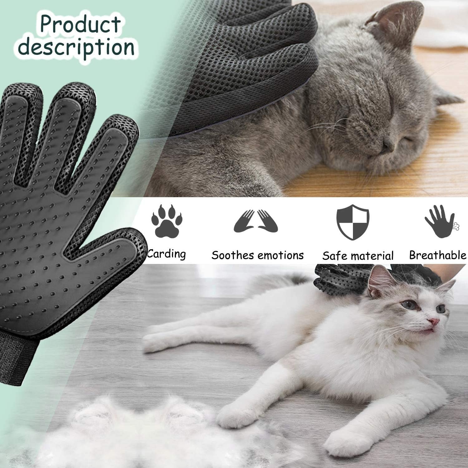 Grooming Glove for Deshedding - Efficient Pet Hair Remover Brush for Dogs, Cats, Horses (Long & Short Fur)