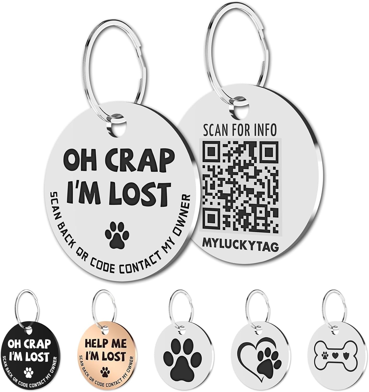 Stainless Steel QR Code Pet ID Tags Dog Tags - Pet Online Profile - Scan QR Receive Instant Pet Location Alert email